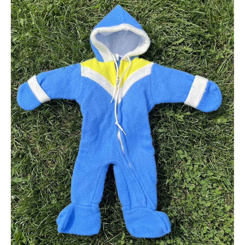 Vintage Baby Blue Fleece Hooded Bunting Suit 3-9 Mos Footed One Piece Winter 80s